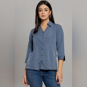 Roz & Ali Women's Blouse Size 1XL Blue V Neck 3/4 Sleeve Casual Shirt